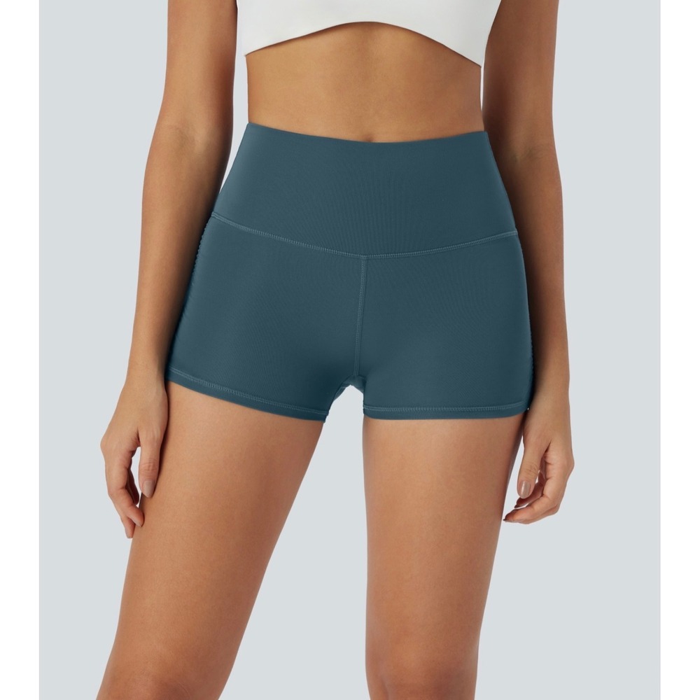 Halara QuickDry High Waisted Tummy Control Ruched Running Biker Shorts 2.5 Teal
